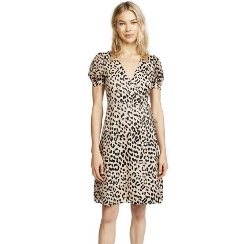 Alice + Olivia Leopard Print Silk Blend Wrap Dress Size 0 Puff Sleeve Animal